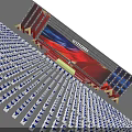Stage Design with Red Blue Lighting Backdrop and Arranged Audience Seats Setup 3d model