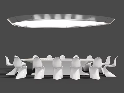 Modern Round Dining Table Set With White Chairs And Hanging Light Fixture 3d model