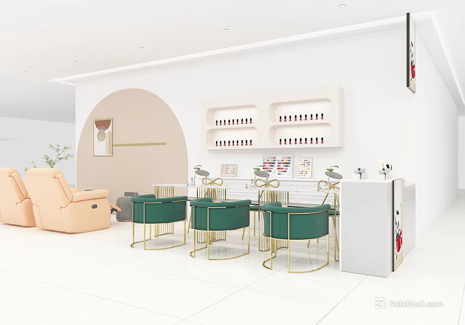 Modern Minimalist Beauty Salon Interior White Walls Curved Decor Green Gold Chairs White Product Shelves 3d model 