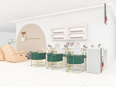 Modern Minimalist Beauty Salon Interior White Walls Curved Decor Green Gold Chairs White Product Shelves 3d model
