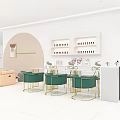 Modern Minimalist Beauty Salon Interior White Walls Curved Decor Green Gold Chairs White Product Shelves