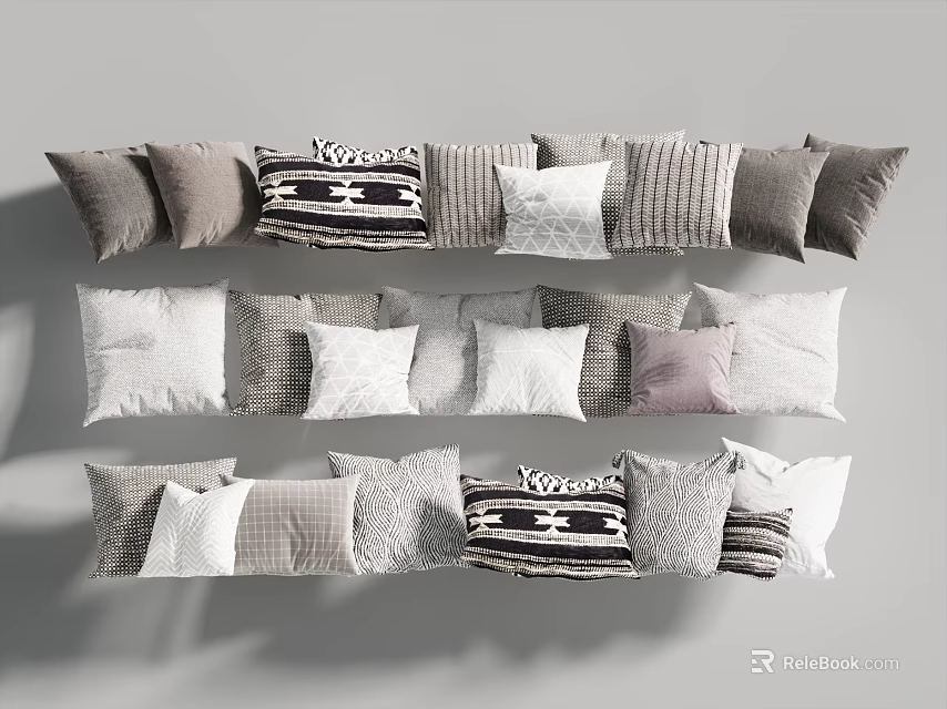 Decorative Throw Pillows In Various Styles And Neutral Tones Arranged In Multiple Rows 3d model 