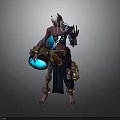 Fantasy Character With White Long Hair Red Skin Holding Blue Orb And Ornamental Containers