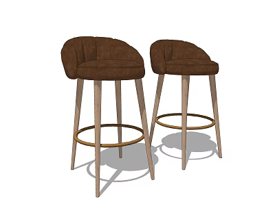 Brown Upholstered Bar Stools With Wooden Legs And Gold Ring Footrest 3d model