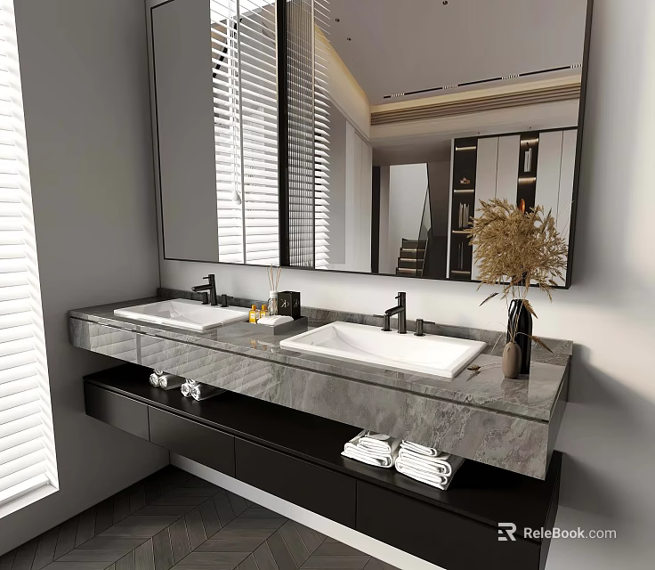 Modern Bathroom Vanity With Double Sinks Large Mirror Marble Countertop Towels And Dried Flowers 3d model 