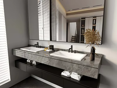 Modern Bathroom Vanity With Double Sinks Large Mirror Marble Countertop Towels And Dried Flowers 3d model