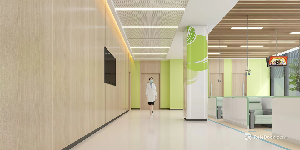 Hospital Outpatient Corridor With Doctor Green Elements Wooden Walls White Floor And Ceiling Light Strips 3d model 