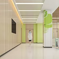 Hospital Outpatient Corridor With Doctor Green Elements Wooden Walls White Floor And Ceiling Light Strips