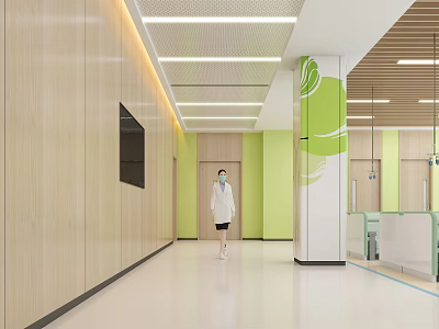 Hospital Outpatient Corridor With Doctor Green Elements Wooden Walls White Floor And Ceiling Light Strips 3d model
