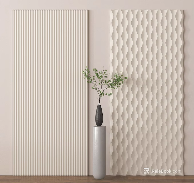 Elegant Modern Wall Panels with Striped and Wavy Texture and Gray Vase Green Plant 3d model 