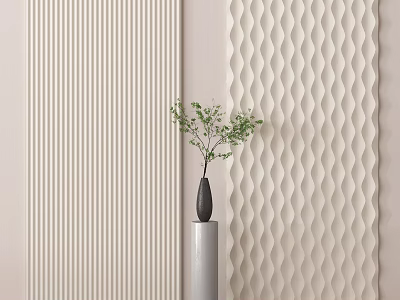 Elegant Modern Wall Panels with Striped and Wavy Texture and Gray Vase Green Plant 3d model