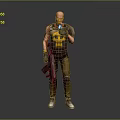 Bald Man Wearing Black Vest With Yellow Pattern Brown Pants Black Gloves Holding Gun Gesturing