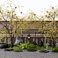 Japanese-style persimmon tree arbor landscape tree courtyard landscape sketch water pot tingbu plant landscaping stone wall 3d model