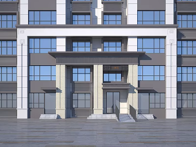 Modern Multistory Building Facade With Gray White Stone Panels Large Windows And Entrance 3d model