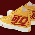 Yellow High Top Canvas Shoes With Red Logo And White Sole Design