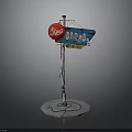 Outdoor Advertising Sign with Red Circular Logo Blue Signboard Light Pole and Base