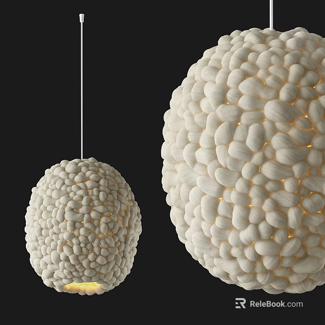 Two White Spherical Textured Chandeliers Glowing Against Black Background In Modern Interior 3d model 
