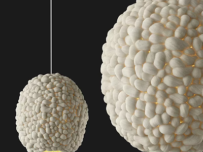 Two White Spherical Textured Chandeliers Glowing Against Black Background In Modern Interior 3d model