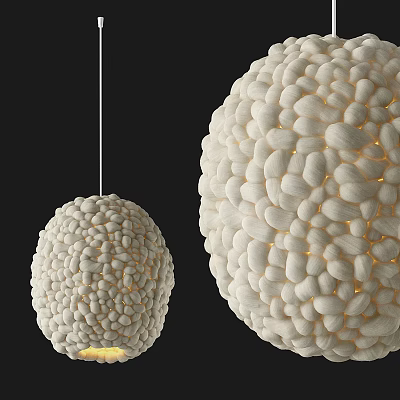 Two White Spherical Textured Chandeliers Glowing Against Black Background In Modern Interior 3d model