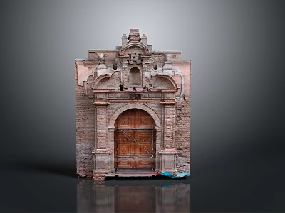 Antique Stone Portal Featuring Carved Architectural Details Wooden Double Door And Brick Frame 3d model