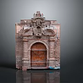 Antique Stone Portal Featuring Carved Architectural Details Wooden Double Door And Brick Frame