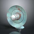Circular Teal Metal Lighting Fixture Combination With Rust Details And White Lampshade