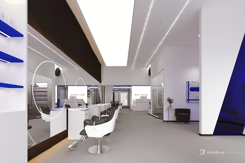 Modern Hair Salon Interior With White Blue Decor Round Mirrors Styling Chairs And Ceiling Lights 3d model 