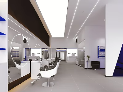 Modern Hair Salon Interior With White Blue Decor Round Mirrors Styling Chairs And Ceiling Lights 3d model