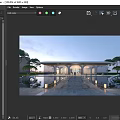 Modern Sales Office Building With Glass Curtain Wall Metal Roof Water Pool And Symmetrical Pathway
