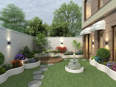 Charming Courtyard Garden Featuring Lush Green Lawn Stone Stepping Stones Decorative Fountain And Flower Beds 3d model
