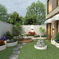 Charming Courtyard Garden Featuring Lush Green Lawn Stone Stepping Stones Decorative Fountain And Flower Beds
