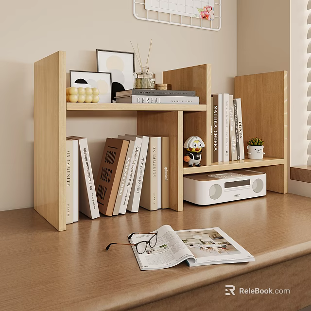 Wooden Bookshelf Featuring Books Decorations Plant Radio On Desk With Open Magazine Glasses 3d model 