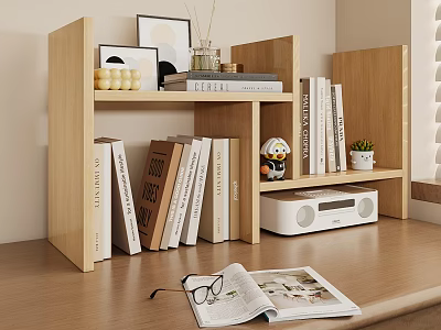 Wooden Bookshelf Featuring Books Decorations Plant Radio On Desk With Open Magazine Glasses 3d model