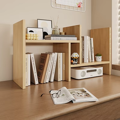 Wooden Bookshelf Featuring Books Decorations Plant Radio On Desk With Open Magazine Glasses 3d model