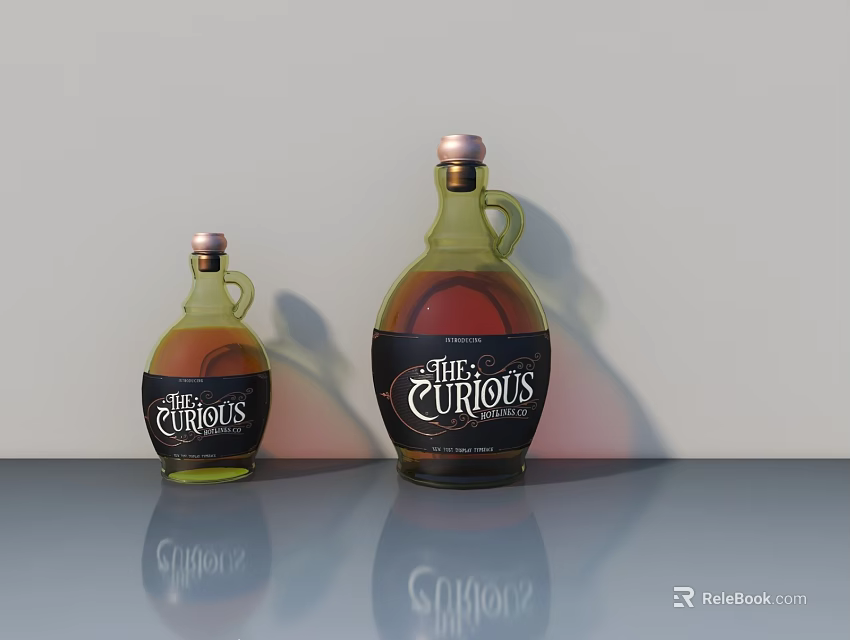 Curious Brand Large and Small Green Glass Wine Bottles with Brown Labels on Grey Countertop 3d model 