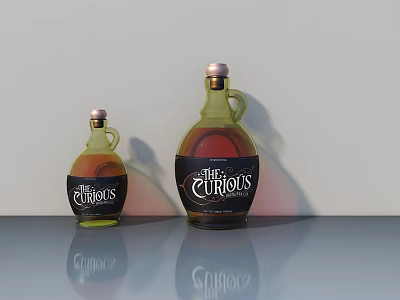 Curious Brand Large and Small Green Glass Wine Bottles with Brown Labels on Grey Countertop 3d model