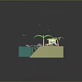 Cartoon Beach Scene with Beach House Palm Trees Umbrellas Float Rings and Wooden Dock
