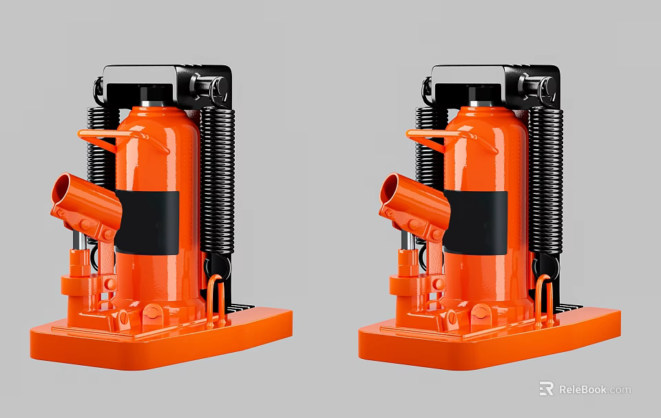 Two Orange Industrial Hydraulic Jacks With Black Components And Spring Mechanism 3d model 