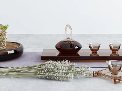 Elegant Brown Glass Tea Set With Teapot Teacups And Wooden Tray On Gray Countertop 3d model