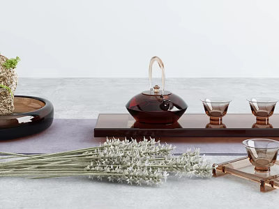 Elegant Brown Glass Tea Set With Teapot Teacups And Wooden Tray On Gray Countertop 3d model