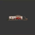 Stylish Game Movie Characters in Red Uniform with Classic Red Truck near Garage Building