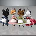 Cute Fox Doll Characters Wearing Colorful Dresses With Various Patterns Standing Together On Reflective Surface