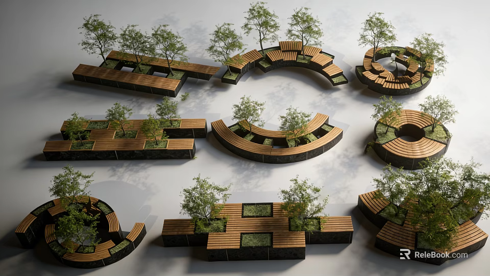 Creative Tree Planter Designs With Wooden Platforms Stone Borders And Green Trees 3d model 