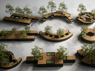Creative Tree Planter Designs With Wooden Platforms Stone Borders And Green Trees 3d model