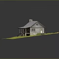 Cartoon Log Cabin Scene With Gray Roof Stone Chimney Wooden Porch Steps And Green Grass
