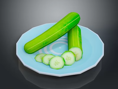 Two Whole Fresh Green Cucumbers With Sliced Pieces On Blue Plate 3d model