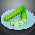 Two Whole Fresh Green Cucumbers With Sliced Pieces On Blue Plate