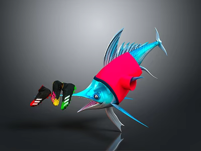 Vibrant Blue Fish Character In Red Clothing With Colorful Shoes On Dark Surface 3d model