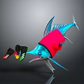 Vibrant Blue Fish Character In Red Clothing With Colorful Shoes On Dark Surface