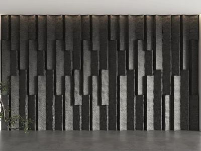 Modern Accent Wall with Vertical Textured Black and Gray Panels and Potted Green Plant 3d model